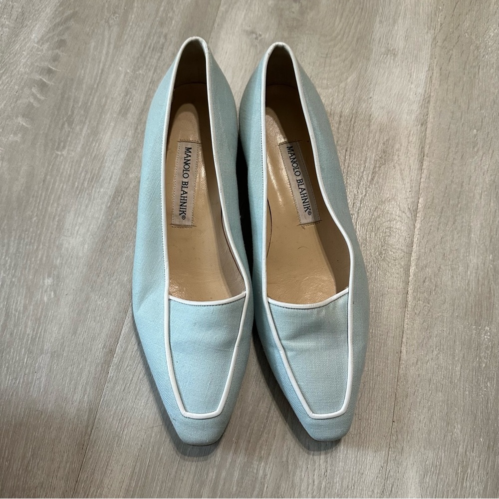 Manolo Blahnik Light Blue and White Canvas Loafers
